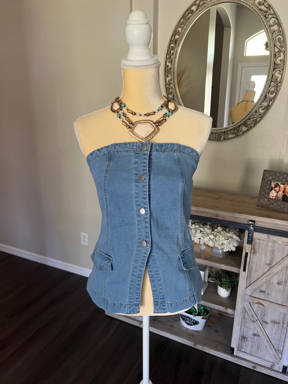 Denim Strapless Button-Front Vest Top - Blue ~ Large  (necklace not included)